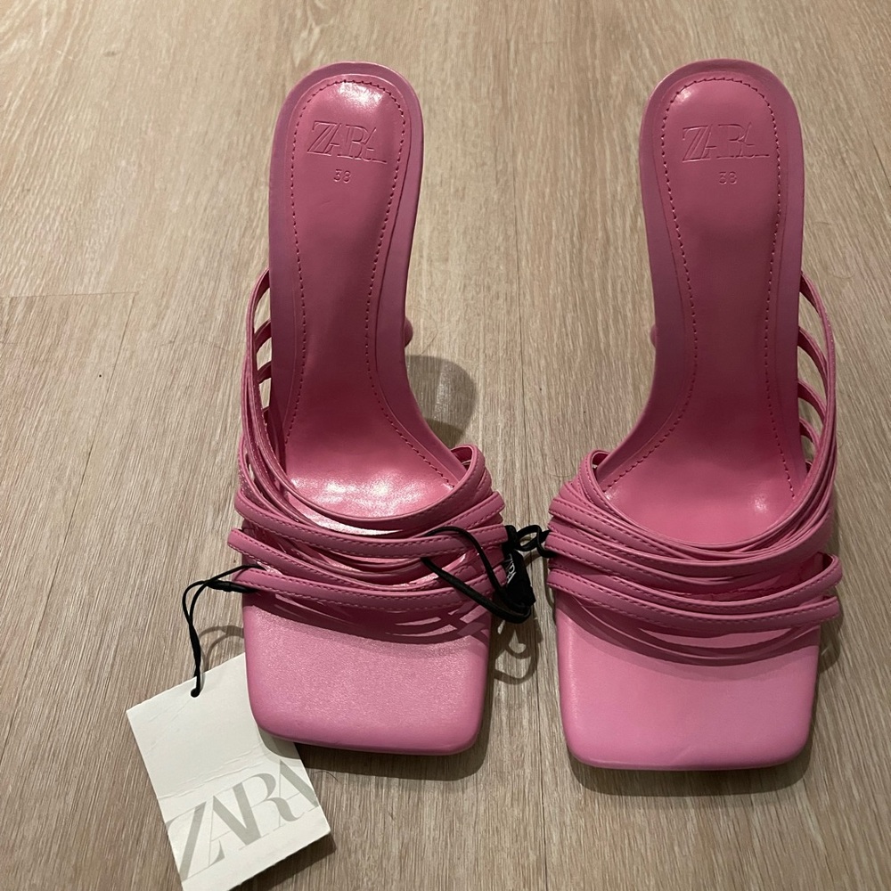 ZARA Pink High Heel Strappy Sandals Open Square Toe EU 38/US 7